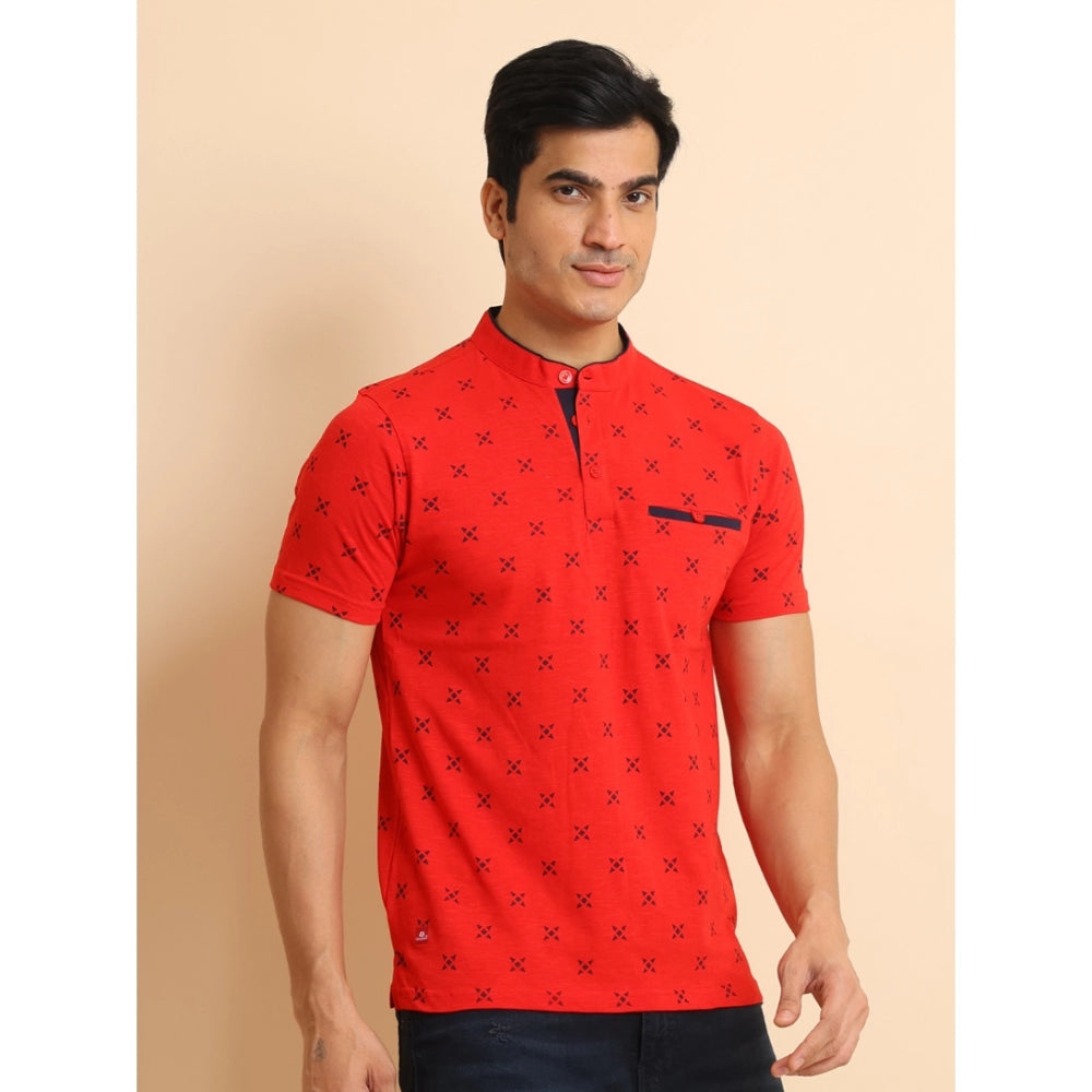 Men's Casual Cotton Printed Mandarin Collar Half Sleeve T-Shirt (Red)
