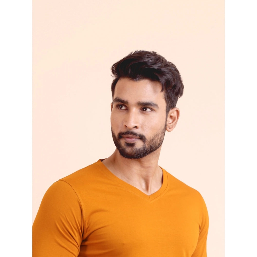 Men's Casual Cotton Solid V Neck Full Sleeve T-Shirt  (Mustard)