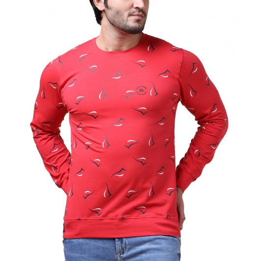 Men's Casual Cotton Printed Round Neck Full Sleeve T-Shirt (Red)
