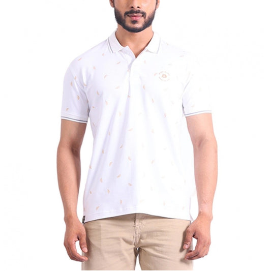 Men's Casual Cotton Printed Polo Neck Half Sleeve T-Shirt (White)