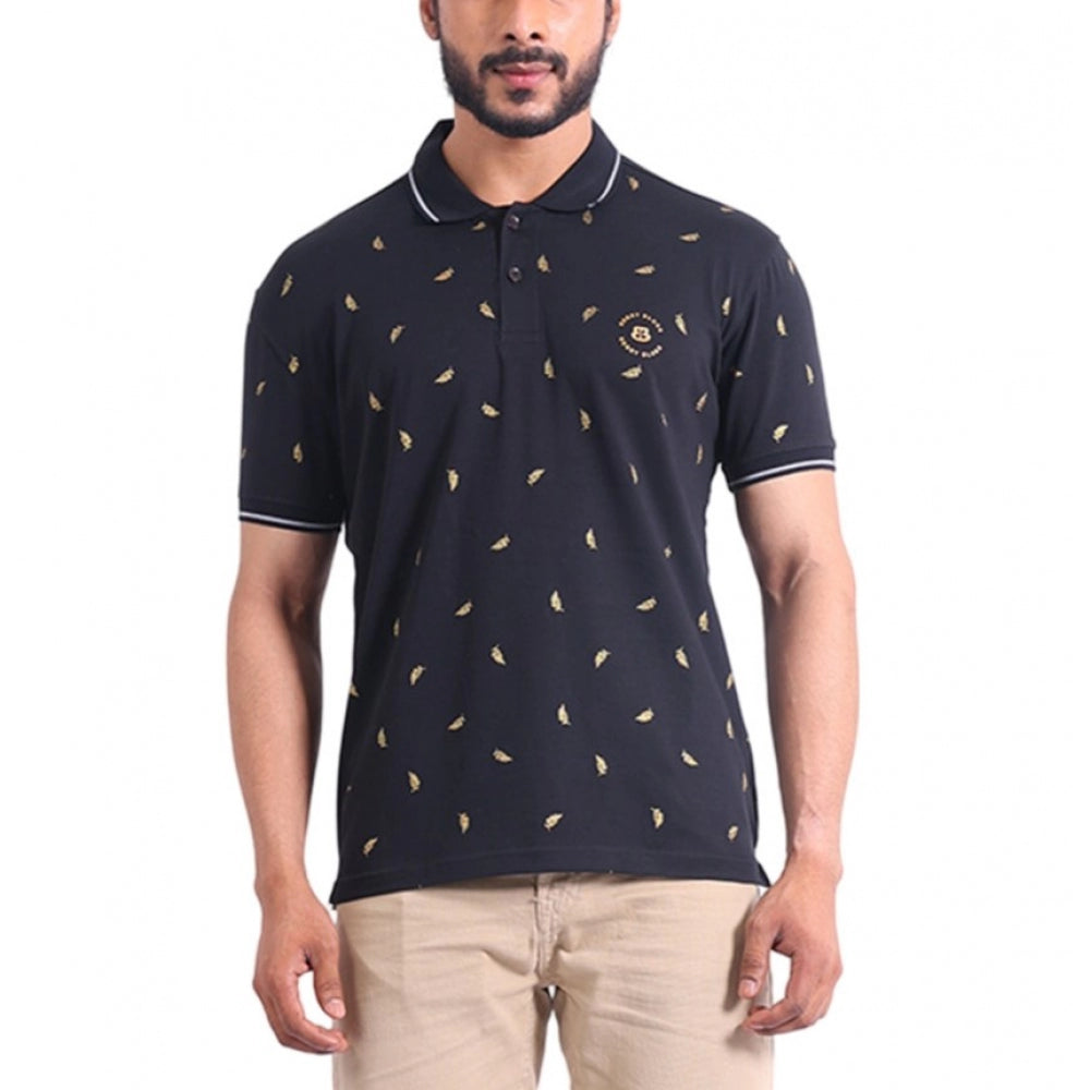 Men's Casual Cotton Printed Polo Neck Half Sleeve T-Shirt (Black)