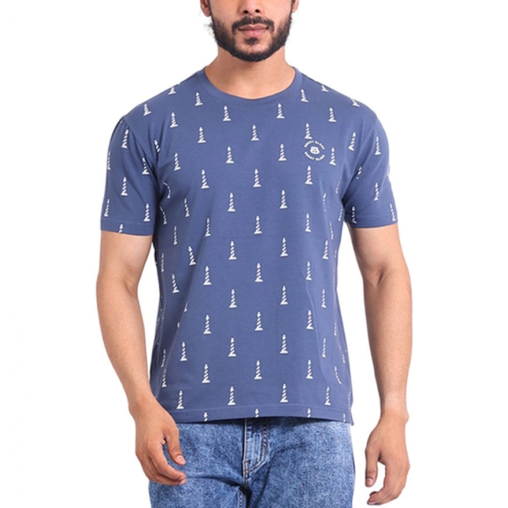 Men's Casual Cotton Printed Round Neck Half Sleeve T-Shirt (Blue)