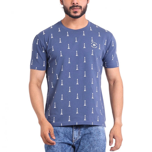 Men's Casual Cotton Printed Round Neck Half Sleeve T-Shirt (Blue)