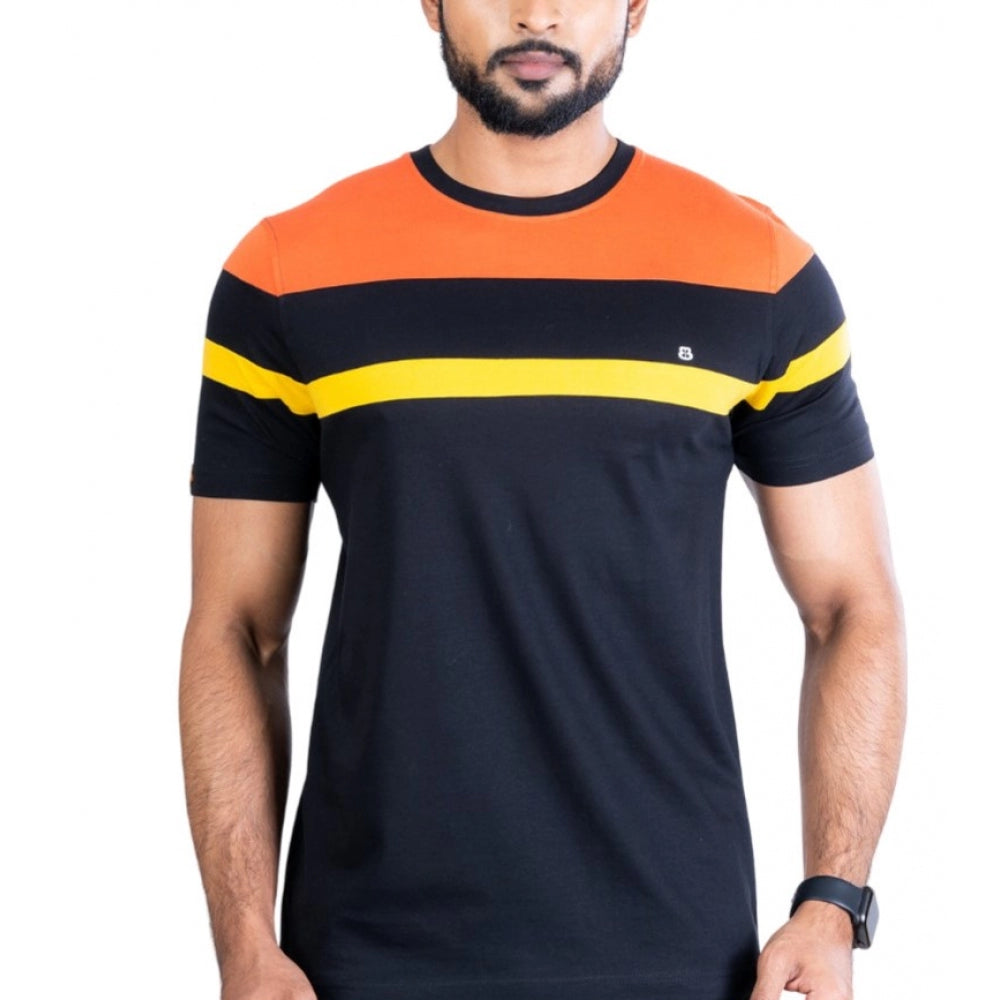 Men's Casual Cotton Printed Round Neck Half Sleeve T-Shirt (Black)