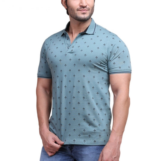 Men's Casual Cotton Printed Polo Neck Half Sleeve T-Shirt (Grey)