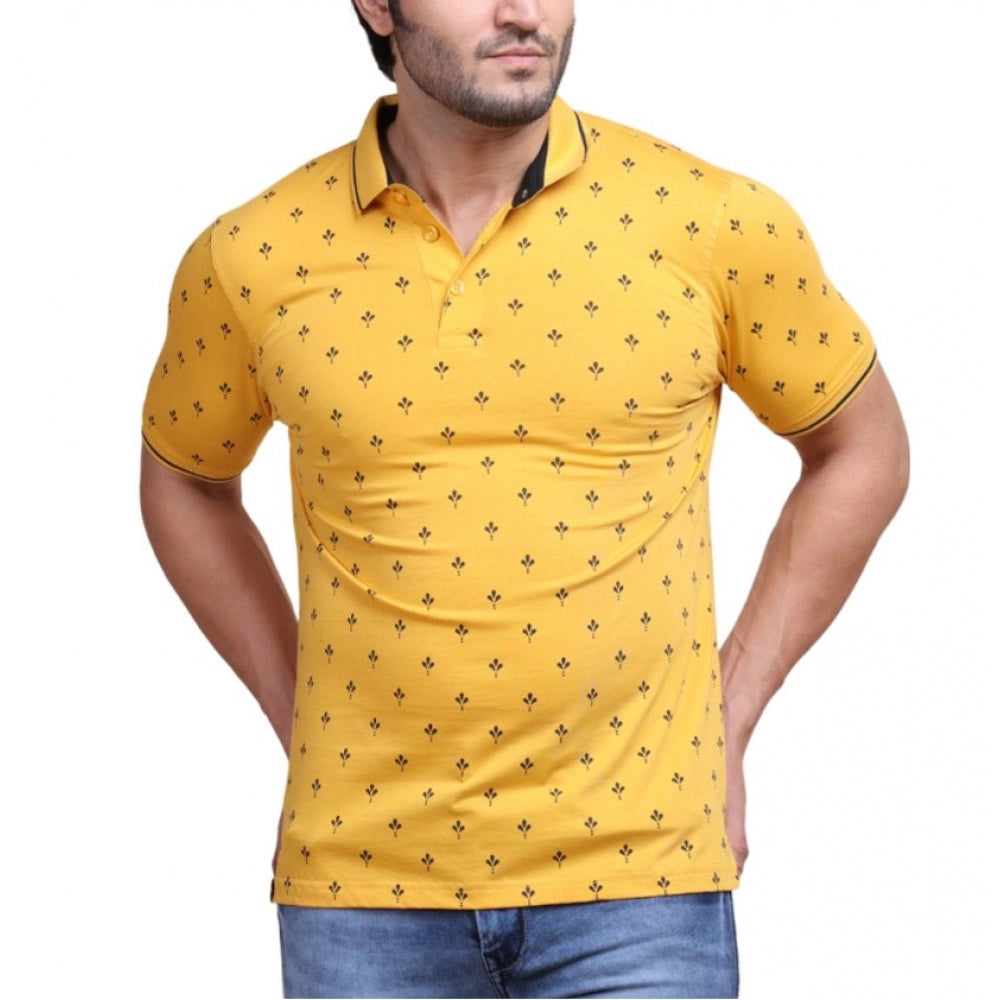 Men's Casual Cotton Printed Polo Neck Half Sleeve T-Shirt (Mustard)