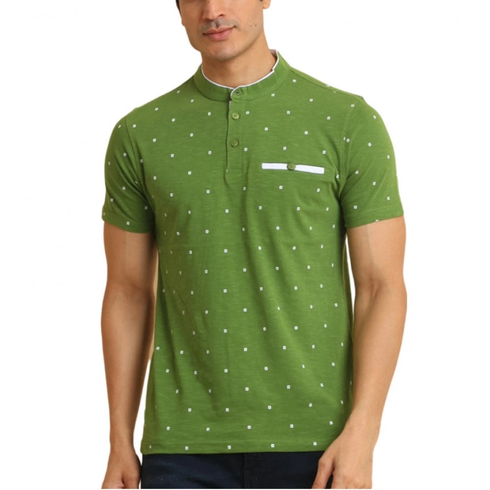Men's Casual Cotton Printed Mandarin Collar Half Sleeve T-Shirt (Green)