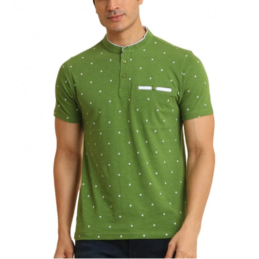 Men's Casual Cotton Printed Mandarin Collar Half Sleeve T-Shirt (Green)