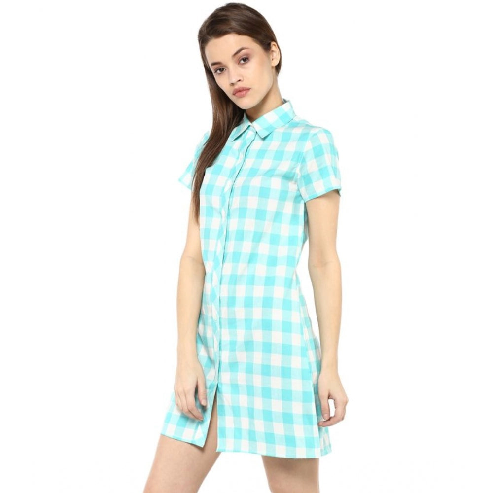 Women's Rayon Checkered Short Sleeve Above Knee Dress (SkuBlue - White)