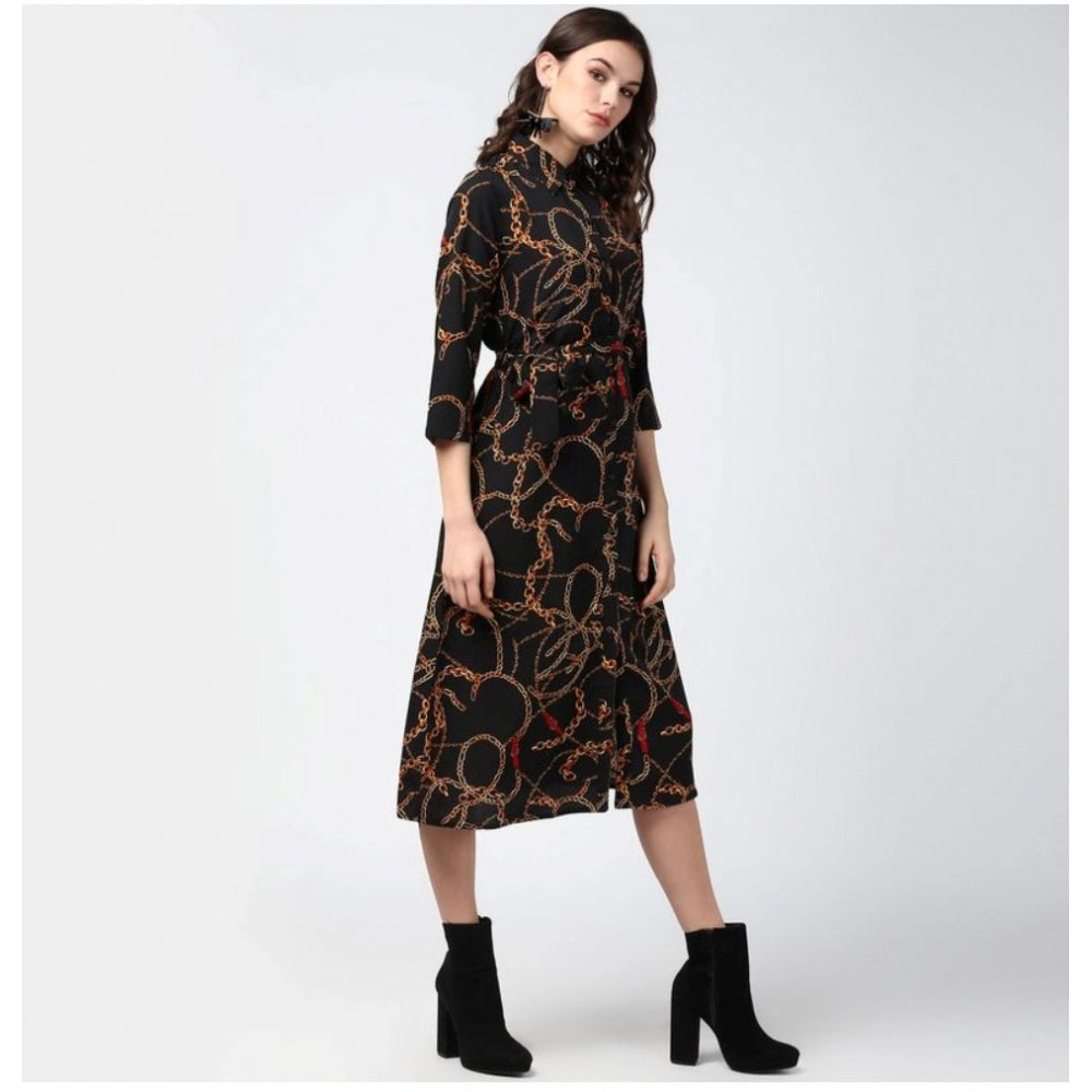 Women's Polyester Chain Print Roll Up Sleeve Below Knee Dress (Black - Yellow)