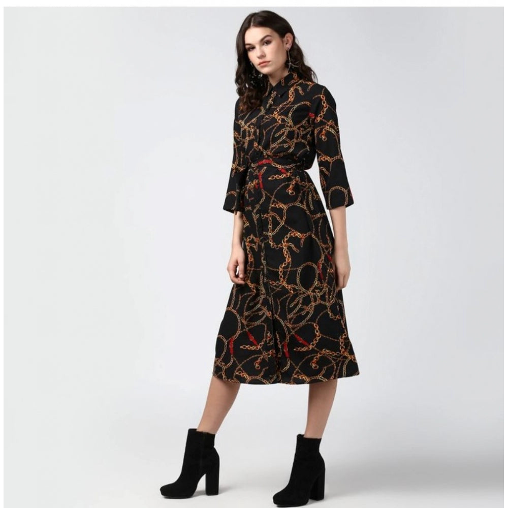 Women's Polyester Chain Print Roll Up Sleeve Below Knee Dress (Black - Yellow)