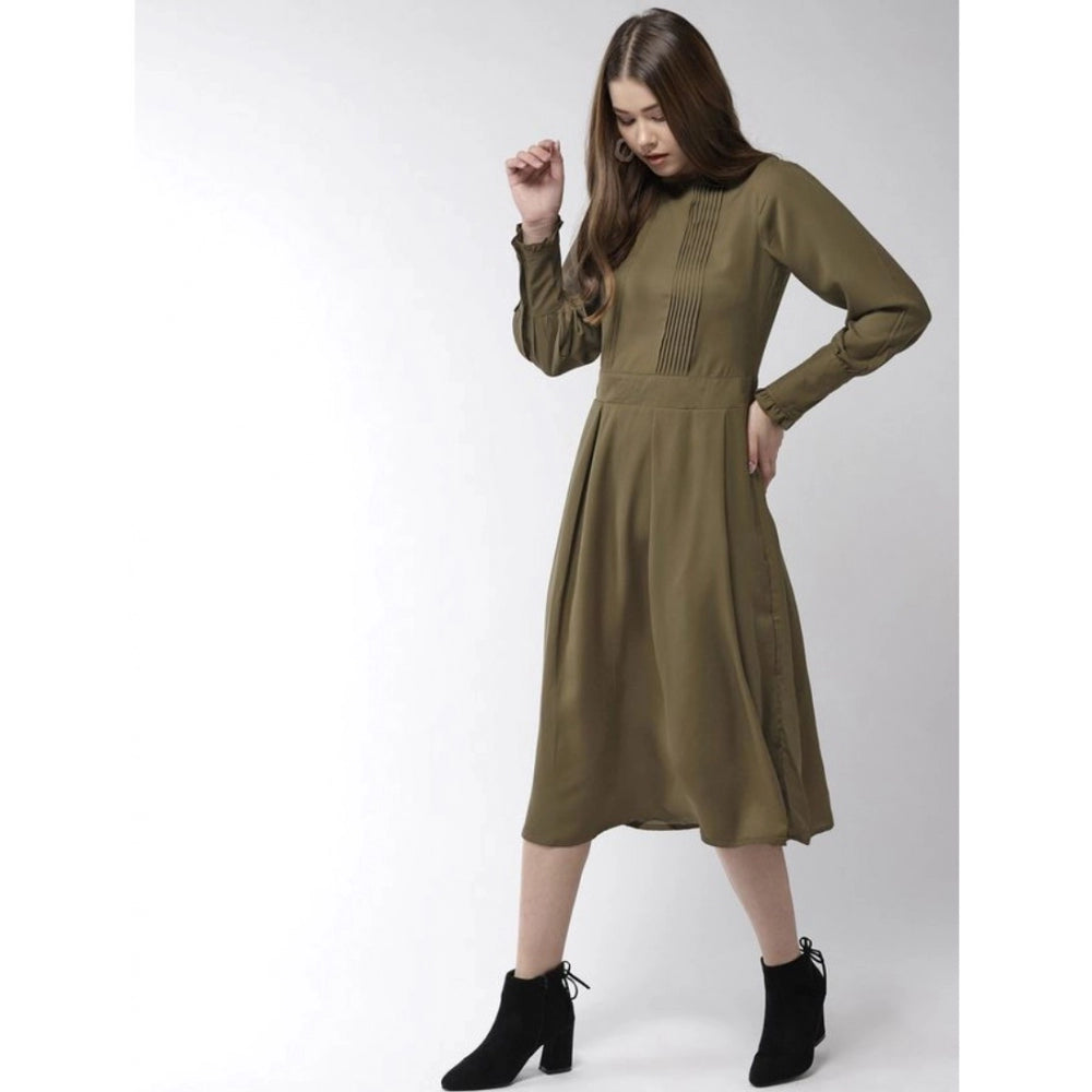 Women's Polyester Pintuck Long Sleeves Below Knee Dress (Olive)