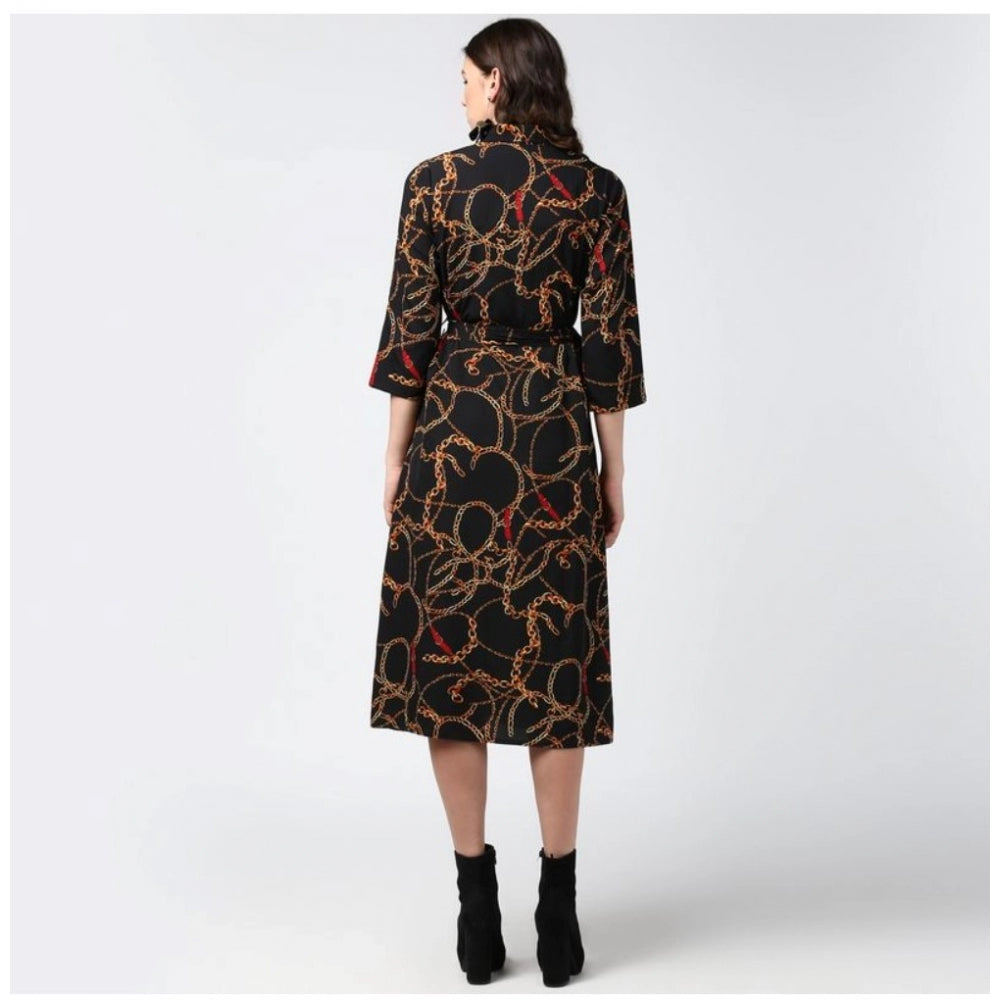 Women's Polyester Chain Print Roll Up Sleeve Below Knee Dress (Black - Yellow)