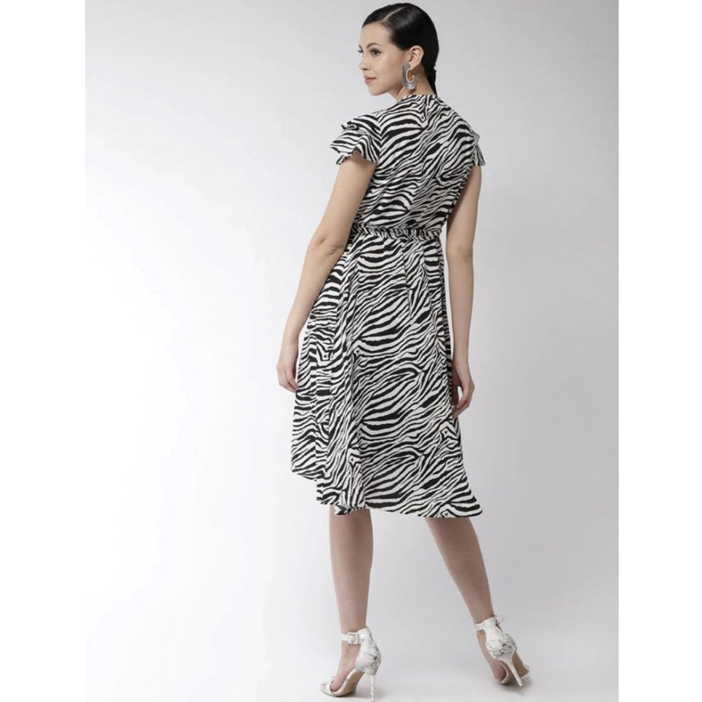 Women's Polyester Animal Print Short Sleeve Knee-Length Dress (Black - White)