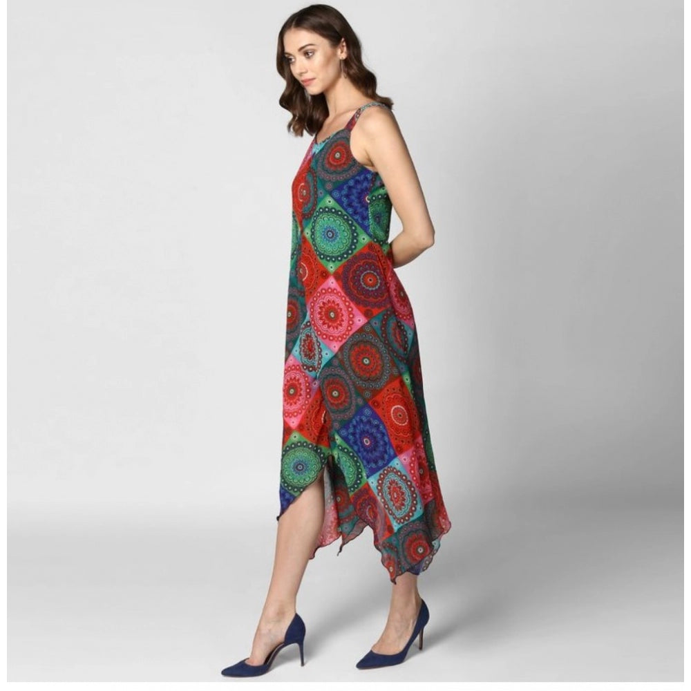 Women's Polyester Asymmetrical Shoulder Straps Knee-Length Dress (Multicolor)