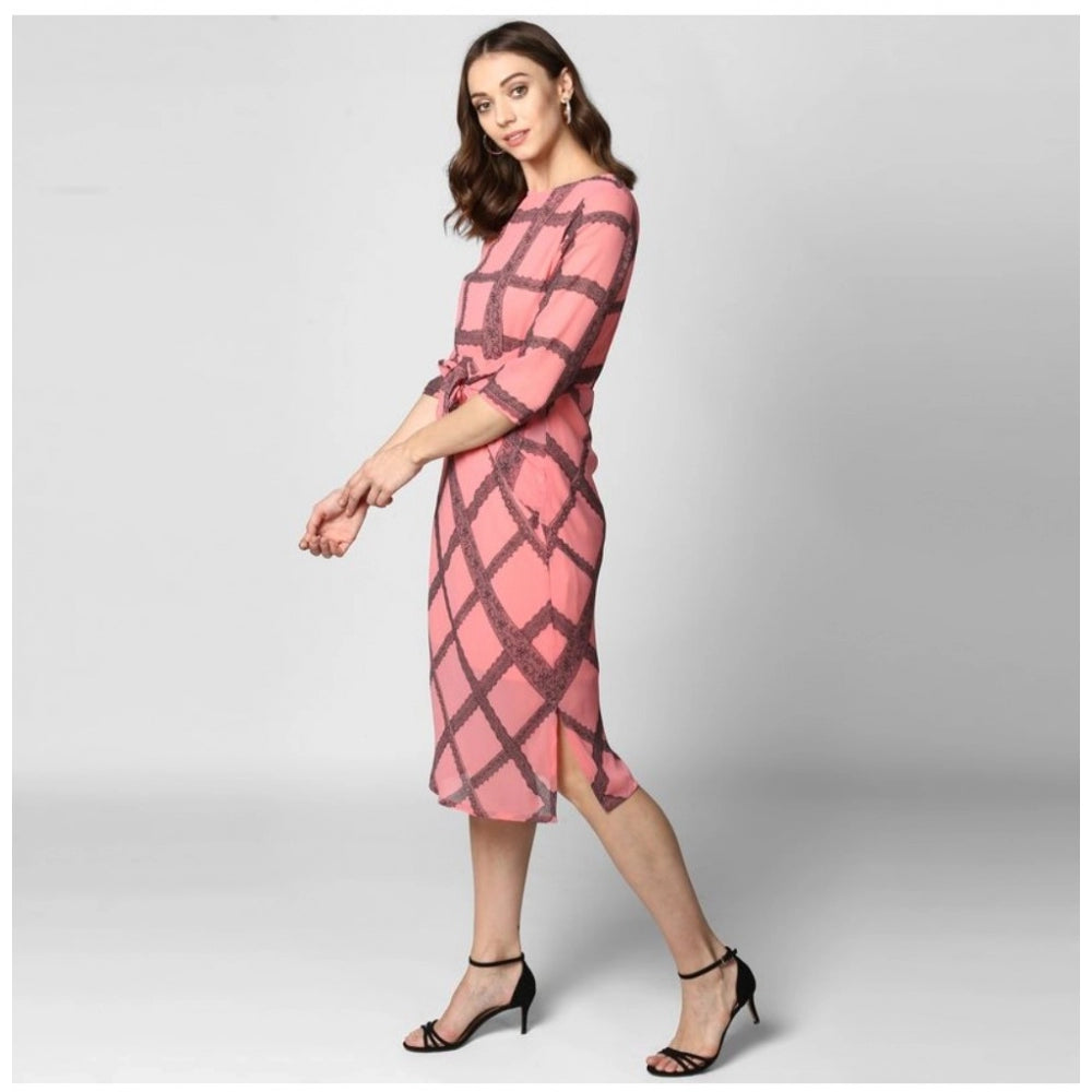 Women's Polyester Checkered 3-4th Sleeves Below Knee Dress (Pink - Black)