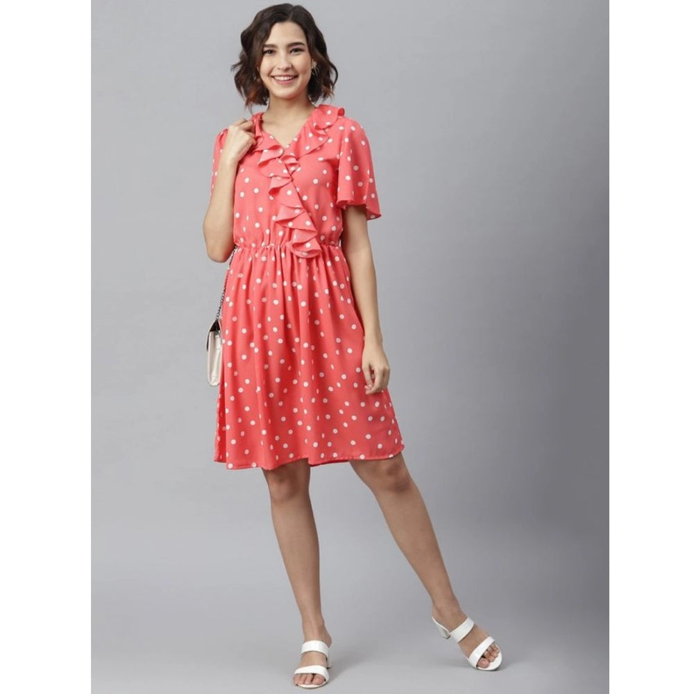 Women's Polyester Polka Flutter Above Knee Dress (Coral)