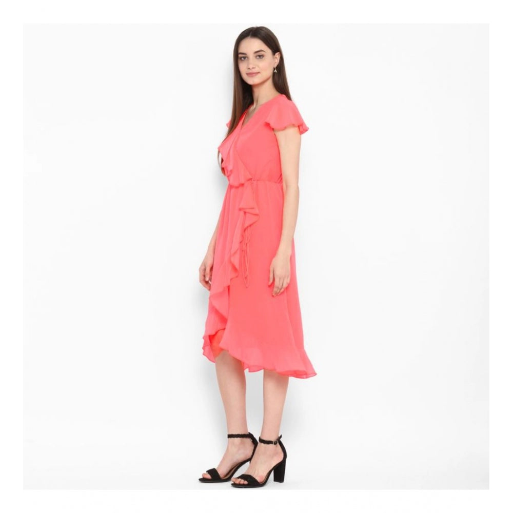 Women's Polyester Ruffled Cap Sleeve Below Knee Dress (Coral Pink)