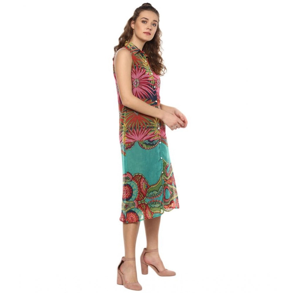 Women's Polyester Floral Sleeveless Below Knee Dress (Multicolor)