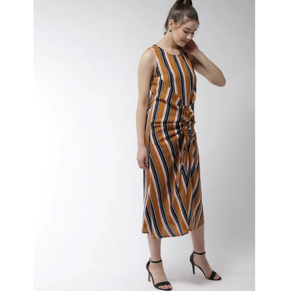 Women's Polyester Striped Sleeveless Below Knee Dress (Mustard)