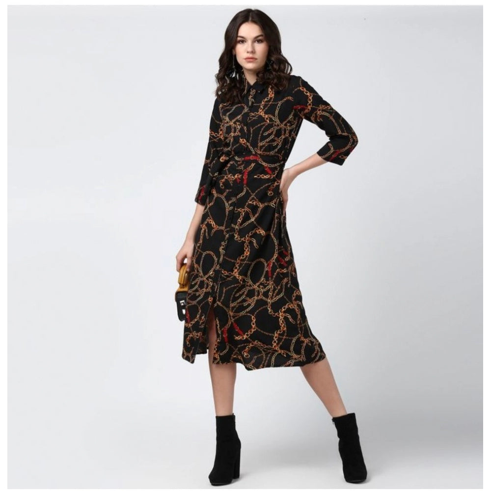 Women's Polyester Chain Print Roll Up Sleeve Below Knee Dress (Black - Yellow)