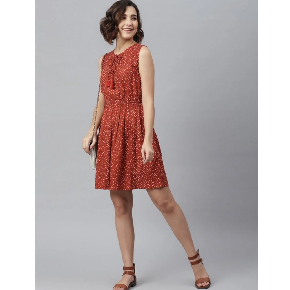 Women's Rayon Polka Sleeveless Above Knee Dress (Rust)