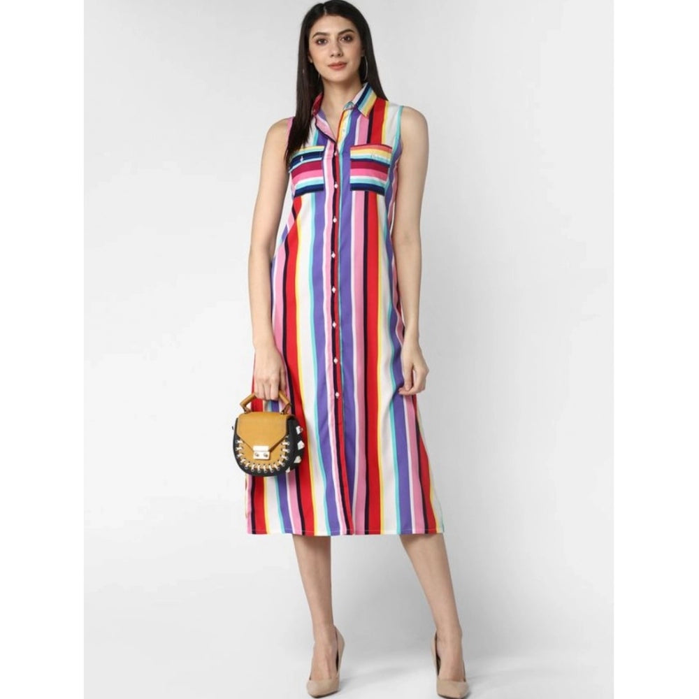 Women's Polyester Striped Sleeveless Calf-length Dress (Multicolor)