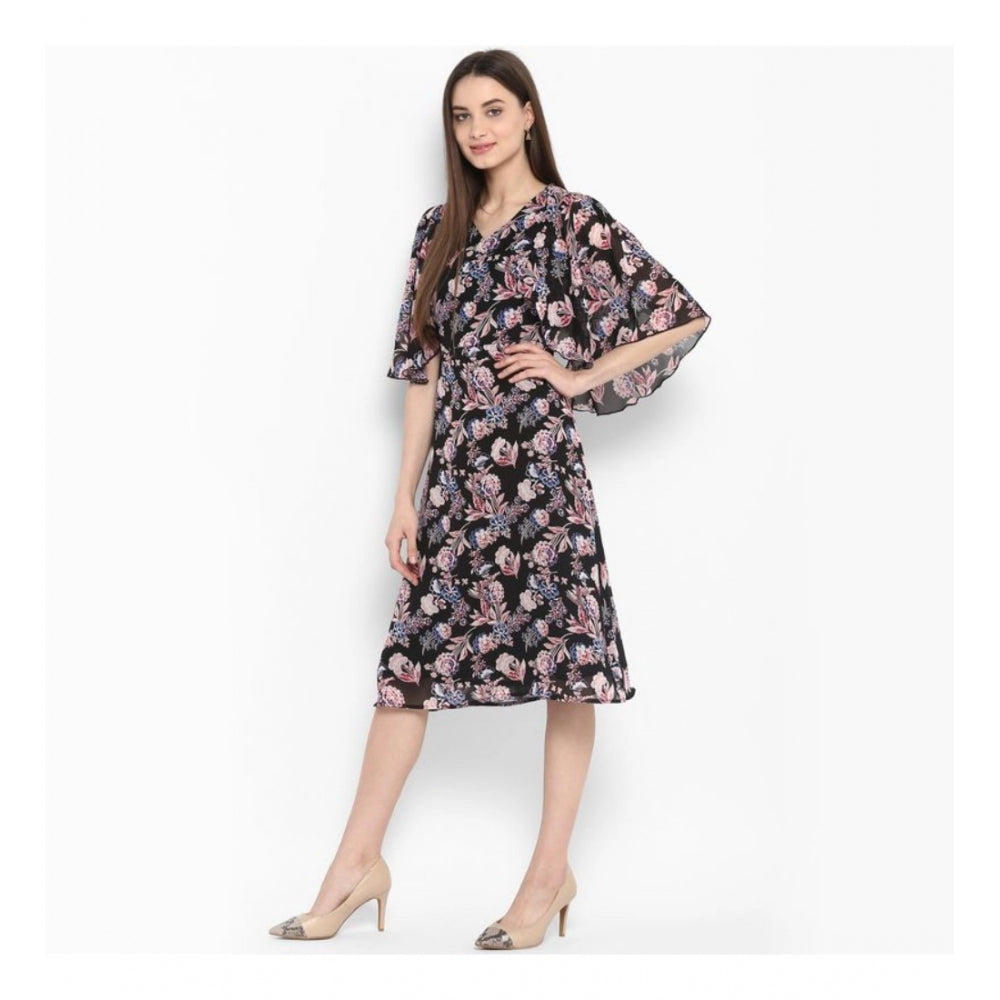 Women's Polyester Floral Short Sleeve Knee-Length Dress (Black - Multicolor)