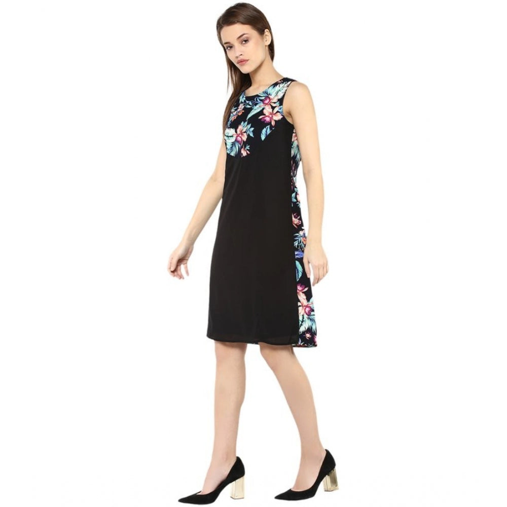 Women's Polyester Printed Sleeveless Above Knee Dress (Black - Multicolor)