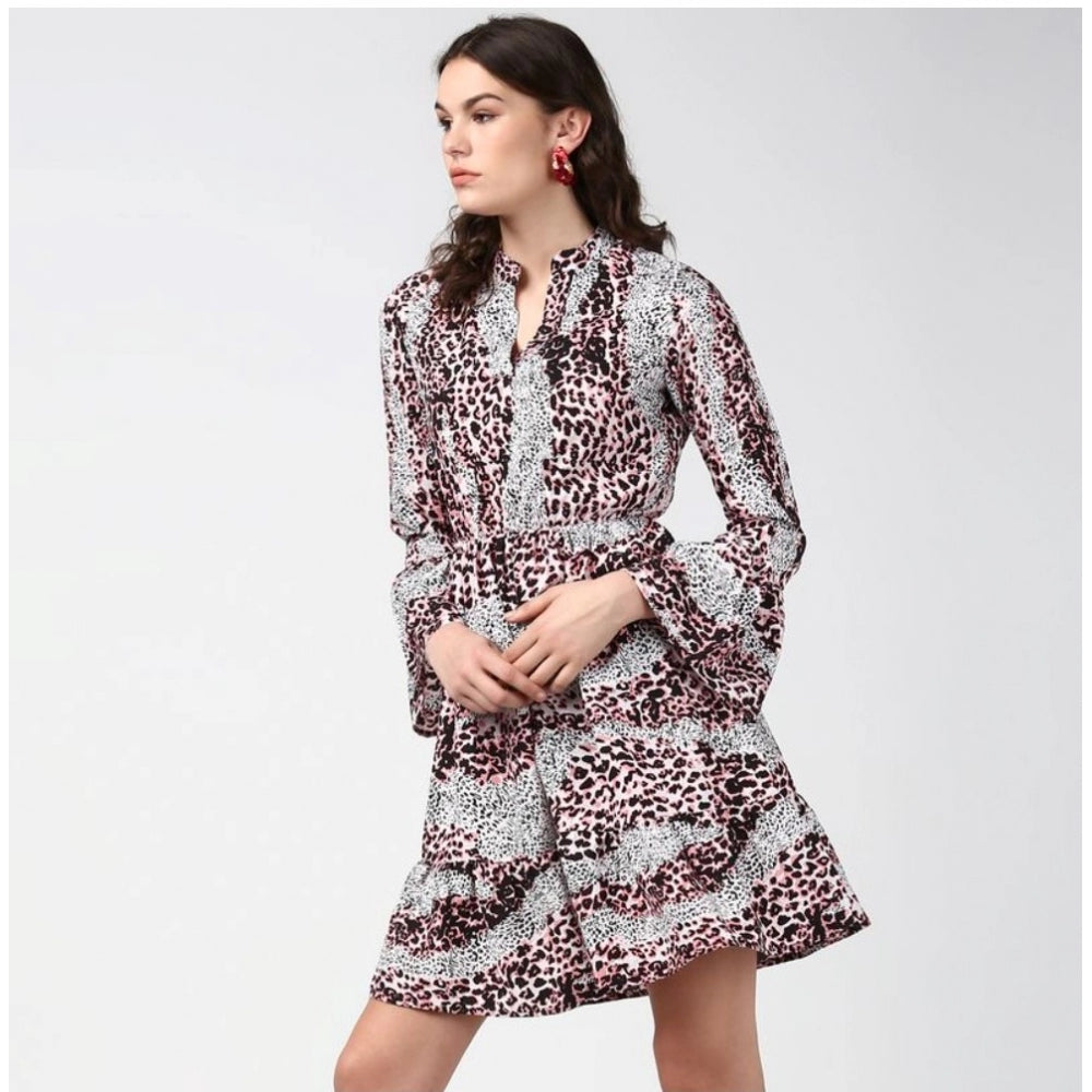 Women's Polyester Animal Print Bell Sleeve Above Knee Dress (Pink - Black)
