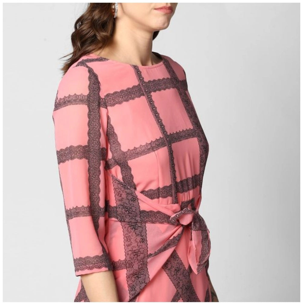 Women's Polyester Checkered 3-4th Sleeves Below Knee Dress (Pink - Black)