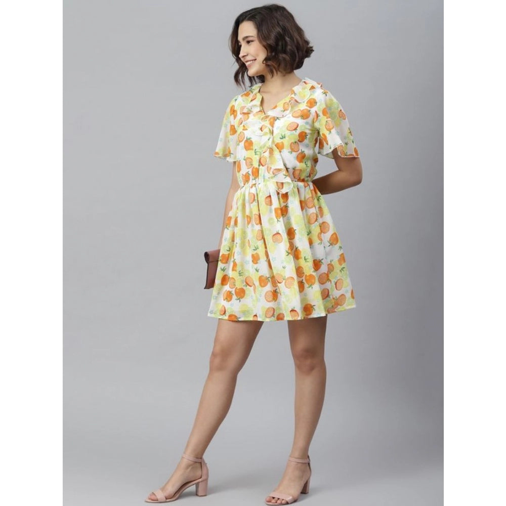 Women's Polyester Printed Flutter Above Knee Dress (Yellow - Orange)