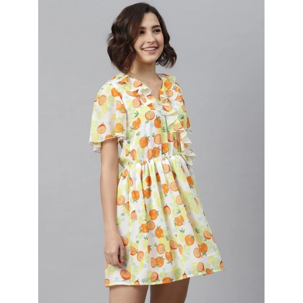 Women's Polyester Printed Flutter Above Knee Dress (Yellow - Orange)