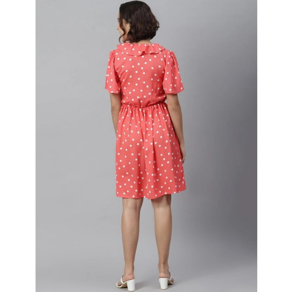 Women's Polyester Polka Flutter Above Knee Dress (Coral)