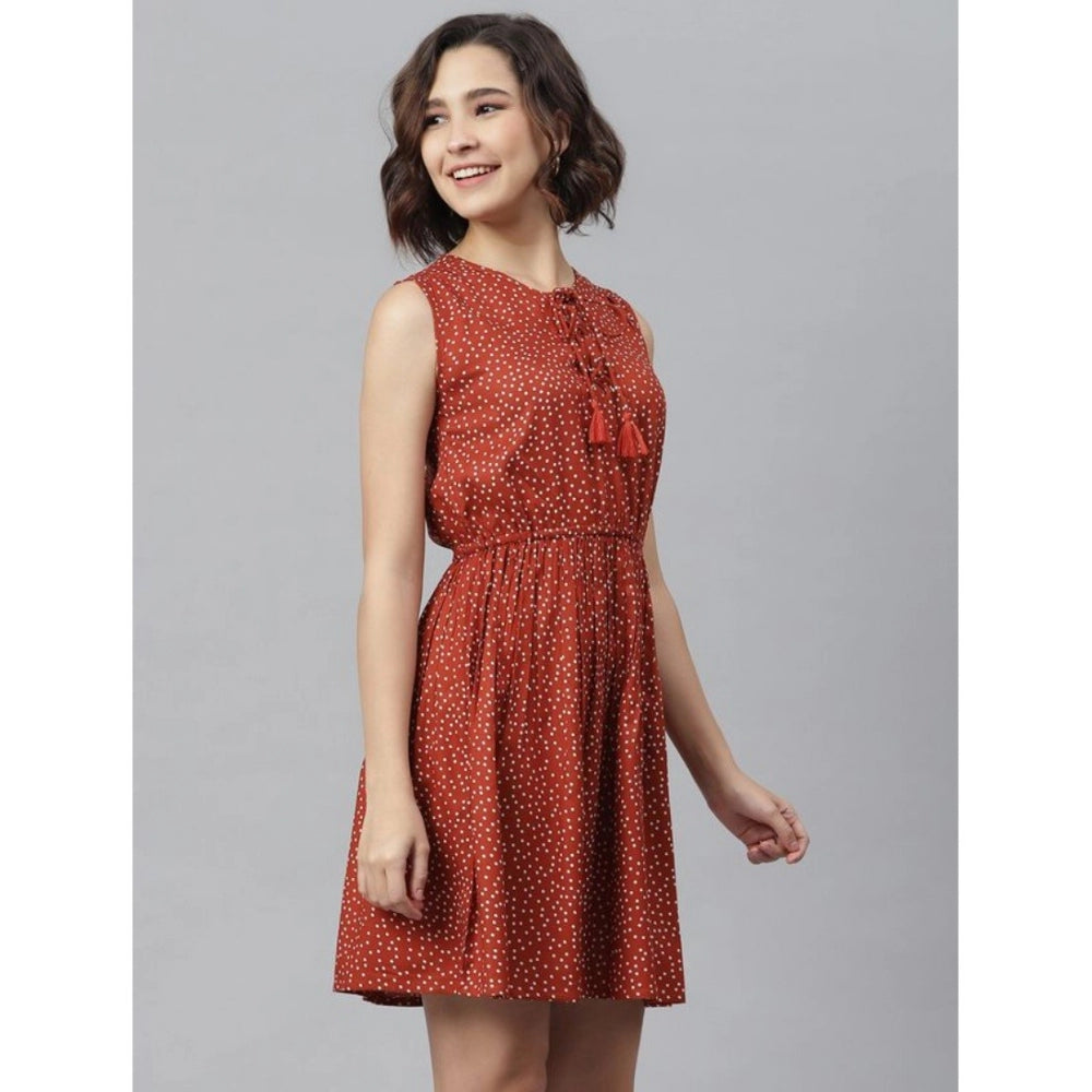Women's Rayon Polka Sleeveless Above Knee Dress (Rust)