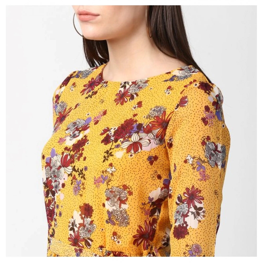 Women's Polyester Floral Long Sleeves Calf-length Dress (Yellow)