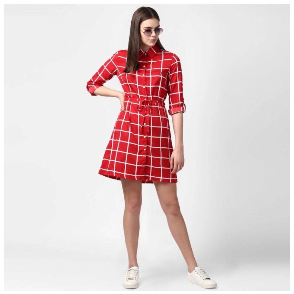 Women's Polyester Checkered Long Sleeves Above Knee Dress (Red)