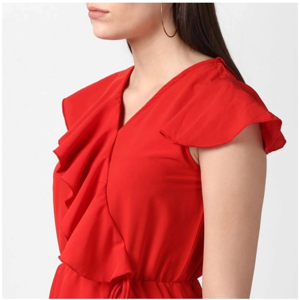 Women's Polyester Ruffled Cap Sleeve Knee-Length Dress (Red)