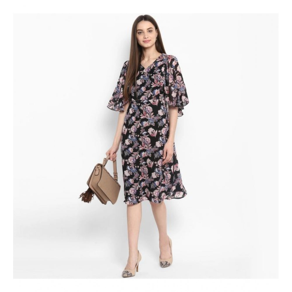 Women's Polyester Floral Short Sleeve Knee-Length Dress (Black - Multicolor)