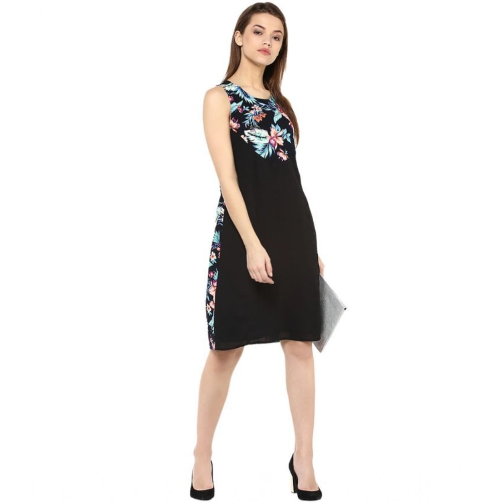 Women's Polyester Printed Sleeveless Above Knee Dress (Black - Multicolor)