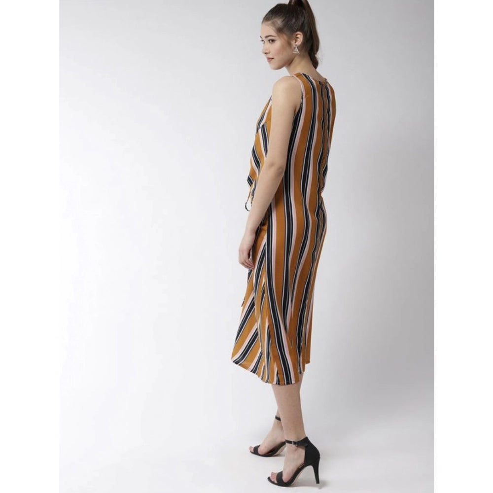 Women's Polyester Striped Sleeveless Below Knee Dress (Mustard)