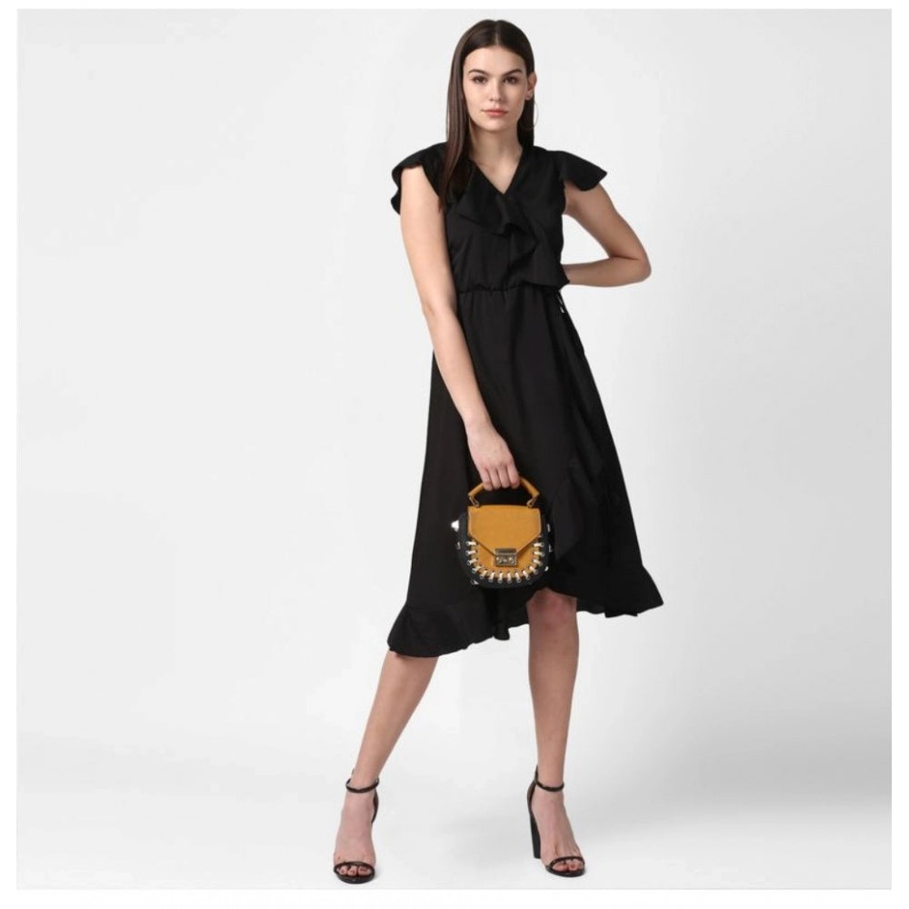 Women's Polyester Ruffled Cap Sleeve Knee-Length Dress (Black)