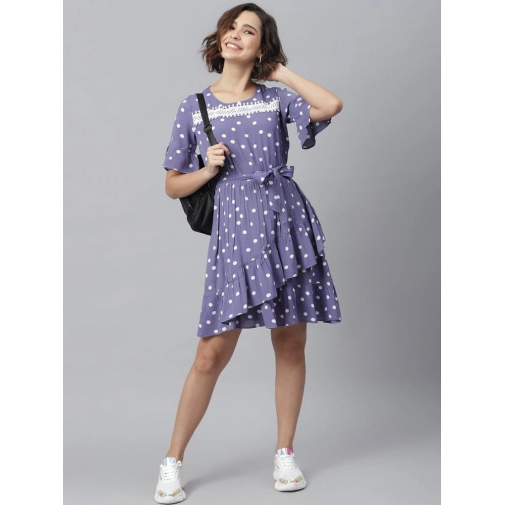 Women's Polyester Polka Bell Sleeve Above Knee Dress (Lavender)