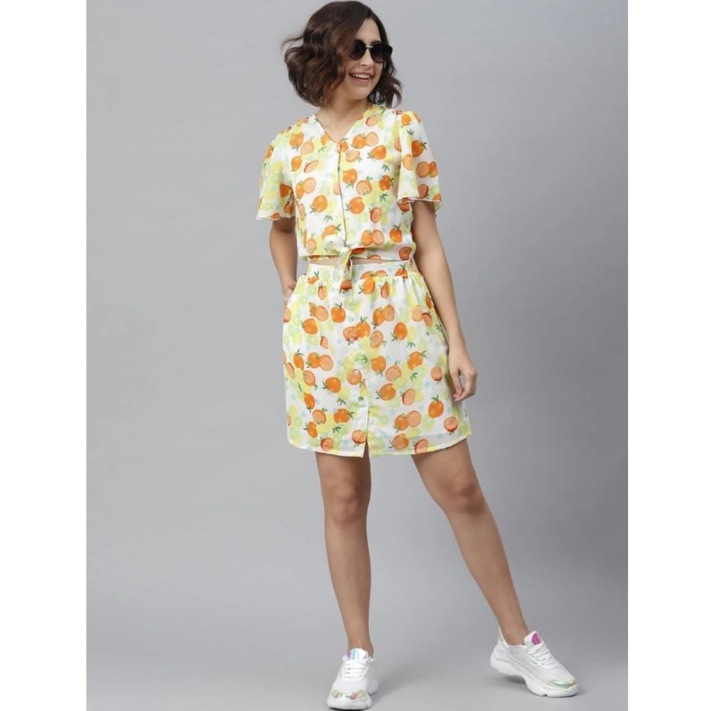 Women's Polyester Printed Flutter Above Knee Dress (Orange - Yellow)