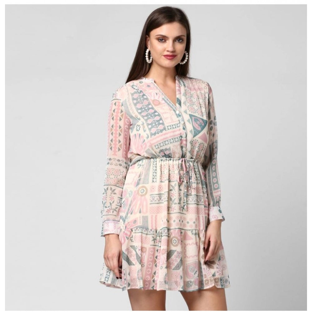 Women's Polyester Printed Long Sleeves Above Knee Dress (Light Pink - Off White)