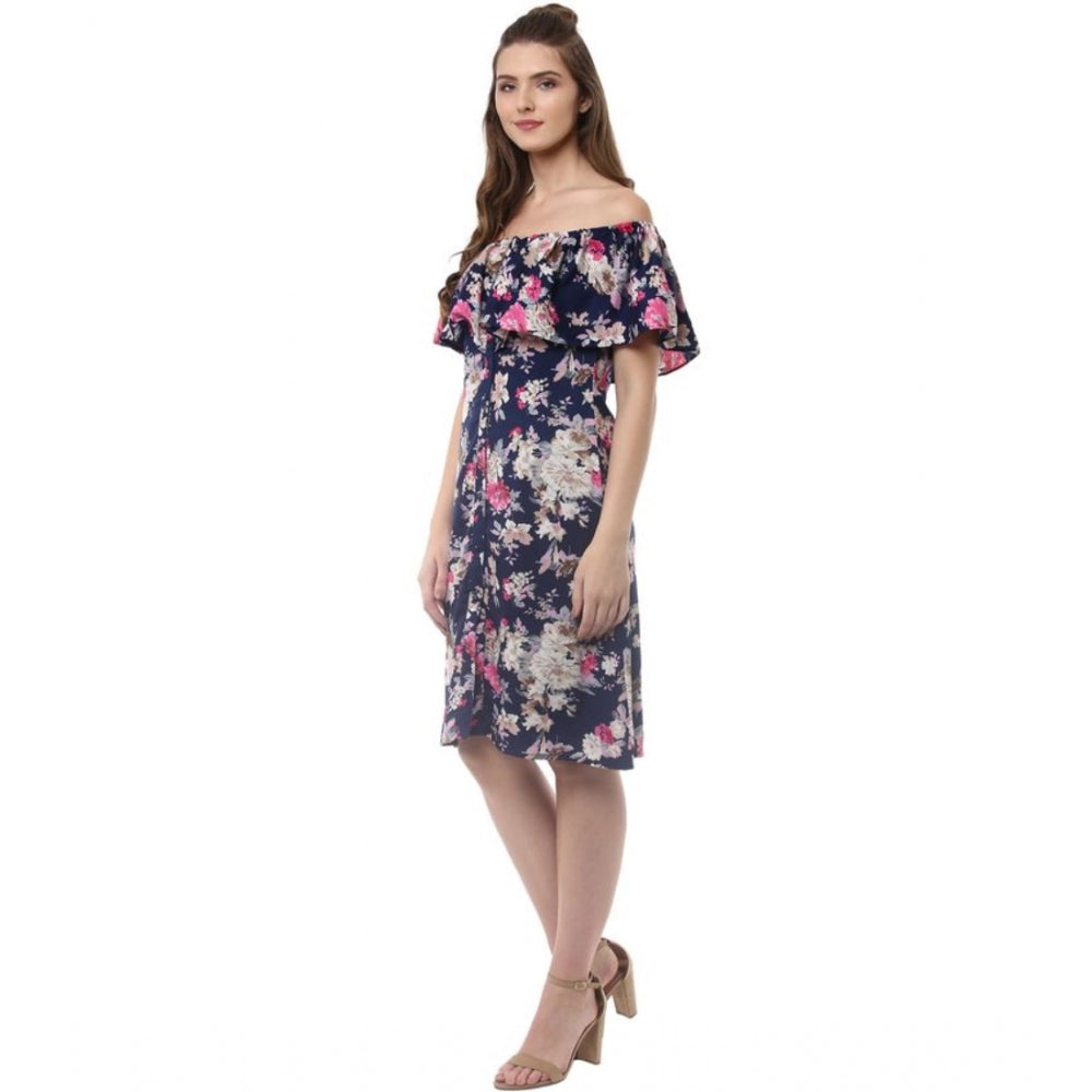 Women's Polyester Crepe Floral Half Sleeve Above Knee Dress (Navy Blue)