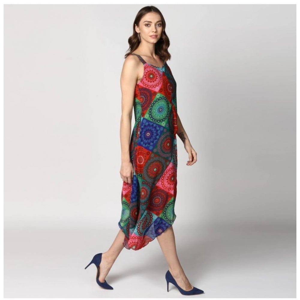 Women's Polyester Asymmetrical Shoulder Straps Knee-Length Dress (Multicolor)