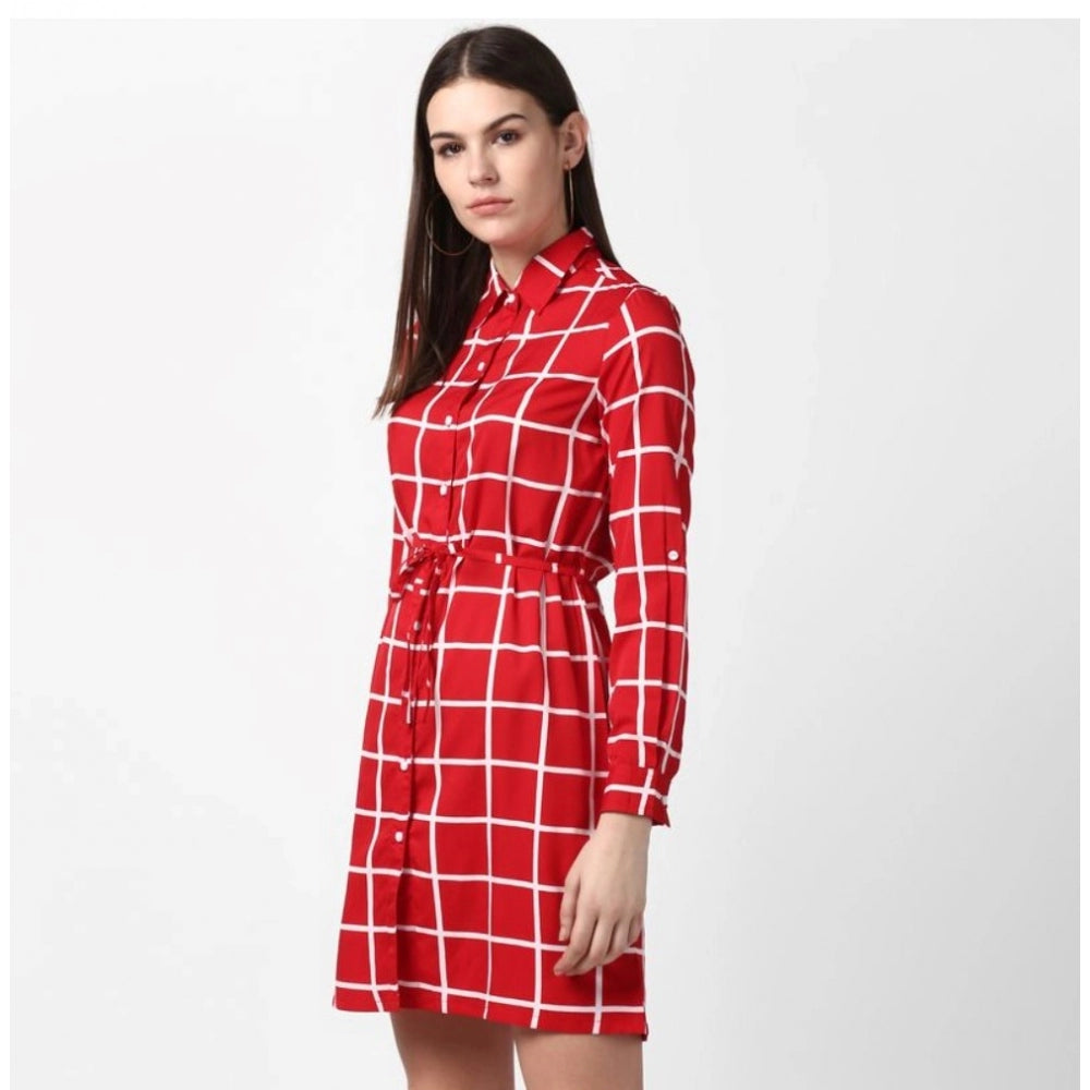 Women's Polyester Checkered Long Sleeves Above Knee Dress (Red)