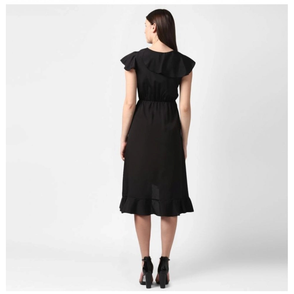 Women's Polyester Ruffled Cap Sleeve Knee-Length Dress (Black)