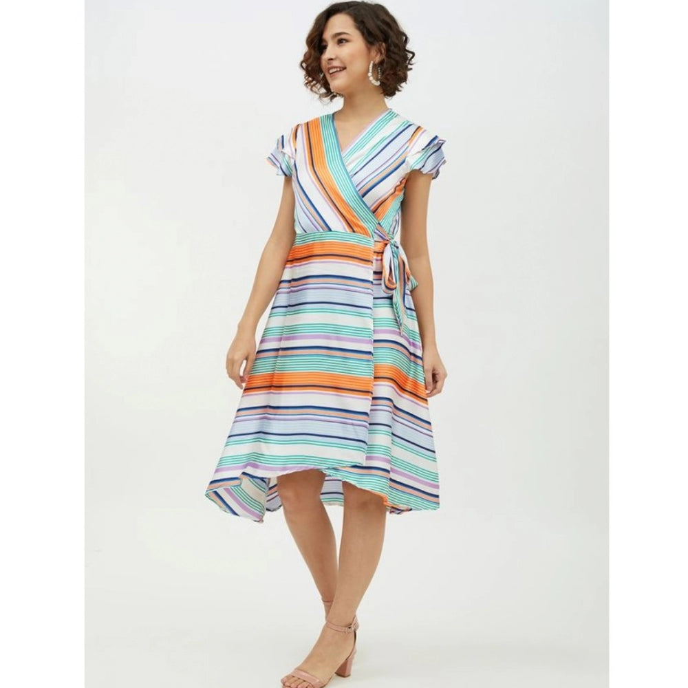 Women's Satin Striped Short Sleeve Knee-Length Dress (Multicolor)